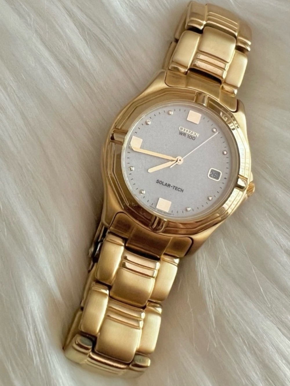 Citizen Eco-Drive technology solar-tech gold date watch men men’s brushed metal